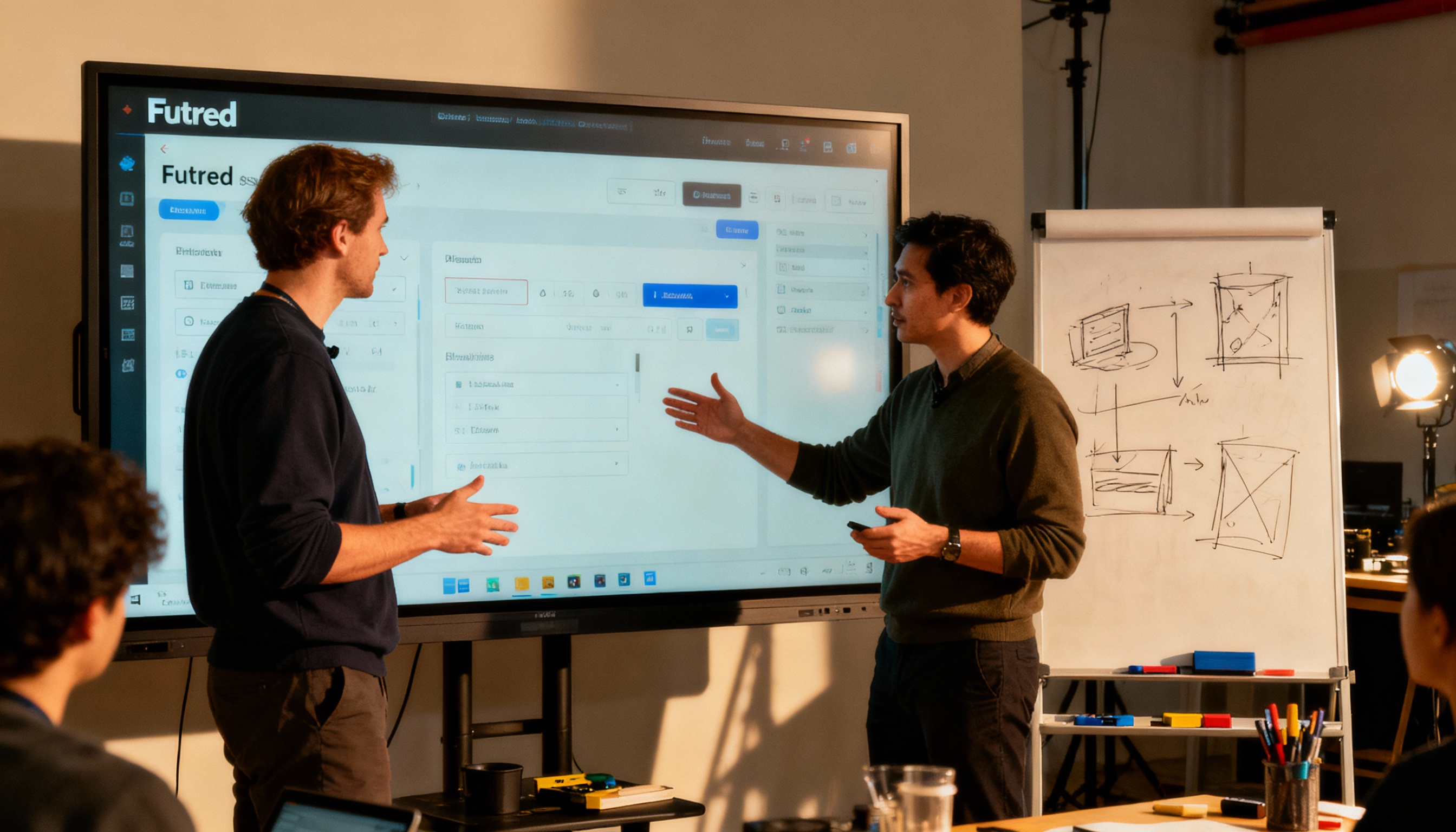 Students collaborating in a workshop with digital displays