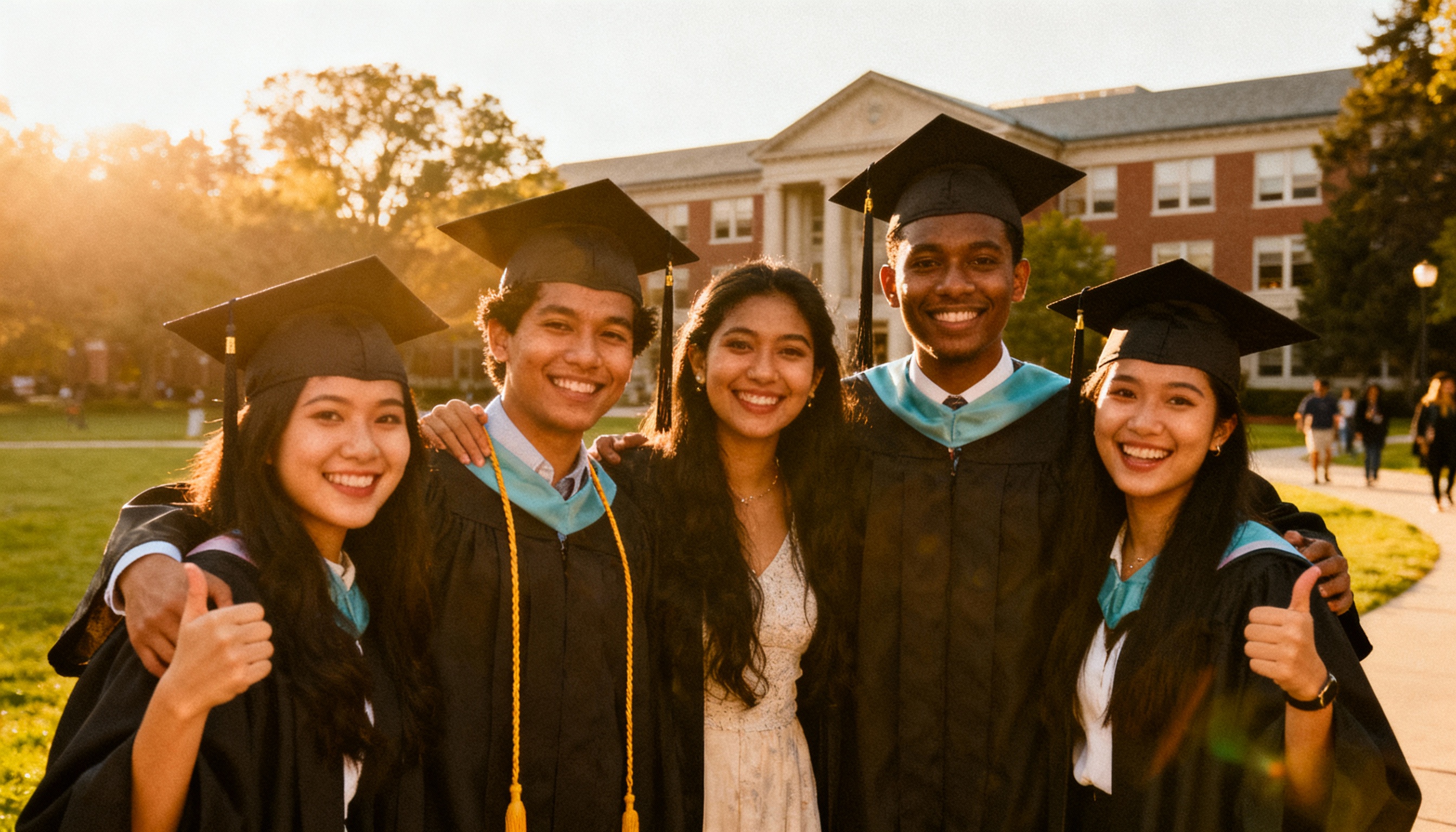 International graduates celebrating on campus lawn