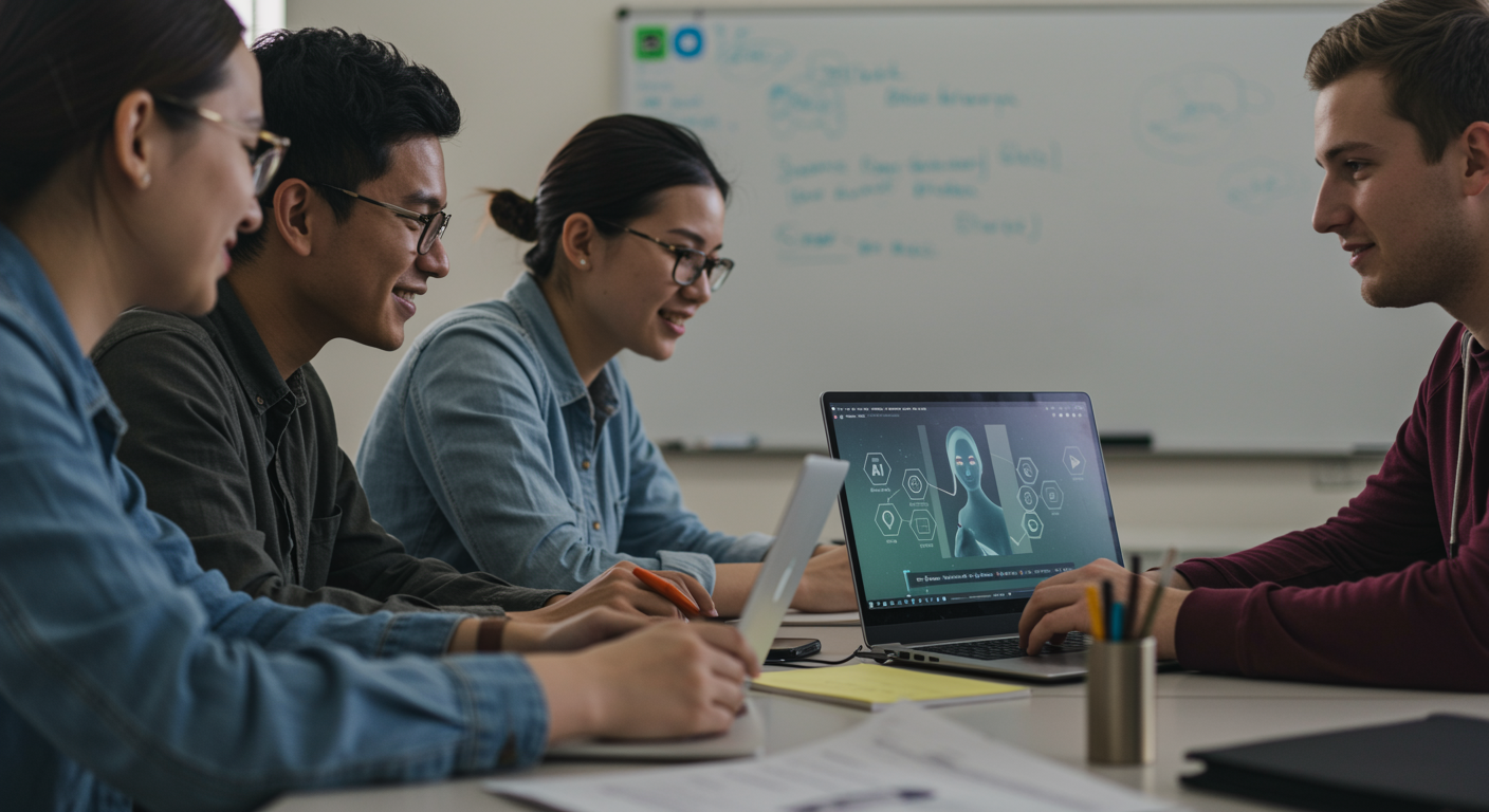 Students collaborating using AI and digital tools in a modern workspace